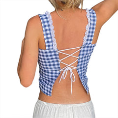 Hnewly Plaid Crop Top y2k Aesthetic Women Lace Trim Square Collar Button Down Sleeveless Tanks 2000s Clothing Streetwear