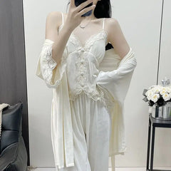 Hnewly Autumn Winter Velvet Sleepwear Women's Strap Long Pants Three-piece Set Sexy Solid Color with Chest Pad Home Clothes