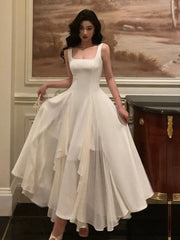 Hnewly Elegant Women White Spaghetti Strap Midi Dress French Ruffles Slim Waist A-line Pleated Vestidos Vintage Evening Party Robe