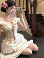 Hnewly Sweet Kawaii 2 Piece Skirt Sets Women Casual Y2k Corset Tops + Lace Mini Skirts Japanese Lolita Suits Female Elegant Clothing