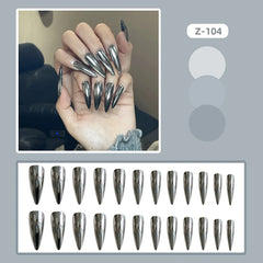Hnewly 24pcs Punk Metal Fake Nails Press On Finished Long Pointed Silver Mirror y2k Nail Tips Full Cover Stiletto False Nails For Girl