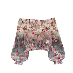 Hnewly Women Summer Lace Shirt Elegant Off Shoulder Mesh Embroidered Perspective Shirt Loose Puff Long Sleeves Crop All-Matched Top