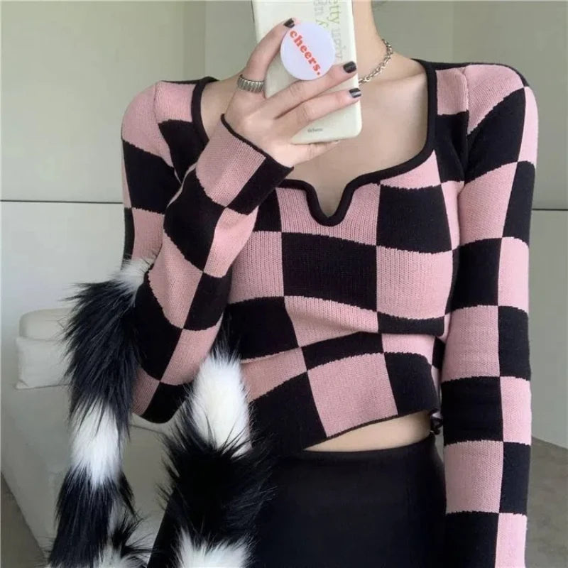 Y2K Plaid Knitting Sweaters Autumn New Long Sleeve Slim Youth Short Korean Pullovers Top Fashion Temperament Women Clothing