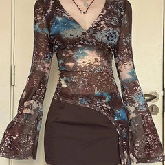 Hnewly Fairycore Grunge Printed Mesh Top Women Streetwear Slim-fitting Flared Sleeve T-shirts Translucent Asymmetrical Tees