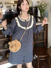 Hnewly Vintage Cute Plaid Dress Women Loose Lace Patchwork Long Sleeve Mini Dress Japan Retro Female Casual Kawaii Vestidos New