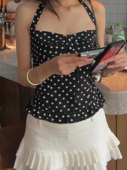 Hnewly Polka Dot Print Top Women Halter Low-Neck Bandage Ruffles Backless Sleeveless Skinny Summer Trend Street Basic Vest