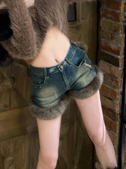 Hnewly Fur Feather Patchwork Denim Shorts Women Sexy High Street Jean Female Tassel Hem Irregular Short Jeans Y2k