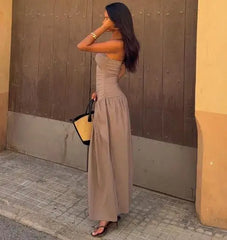 Hnewly Autumn New Women's Strapless Sleeveless Slim Bodice and Relaxed Maxi Dress Ruched Waist and Flowy Solid Color Skirt