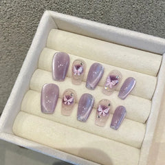 Lunivop 10pcs Purple Cat Eye Fake Nails Buttfly Design False Nails Full Cover Wearable Manicure Fake Nail Tips Handmade Press On Nails
