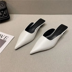 Hnewly Woman Slippers Pointed Toe Outside Job Sandals Slides Mules Low Heel White Shoes for Women with Comfortable Luxury Korea Style