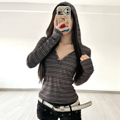 Hnewly Harajuku Striped Print Crop Top Vintage 2000s Button-up V Neck Long Sleeve Hooded T-shirt for Women Retro Streetwear y2k
