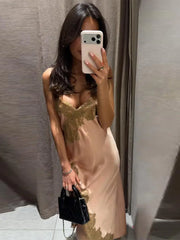 Hnewly Blush Satin Lace Slip Midi Dress Spaghetti Strap V Neck Backless High Slit Dresses Fashion Evening Cocktail Party Outfit