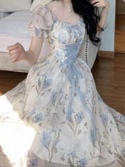 Hnewly DRESS TO IMPRESS Elegant Floral Print Midi Dress for Women Chic Vintage A-Line Casual Party Prom Vestidos Female French Style Femme Robe Vestidos