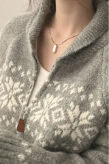 Hnewly Zip-up Fair Isle Sweater for Women Cozy Knitwear Polo Collar Zipper Front Knitted Jacket Ladies Autumn Winter Vintage Outfit