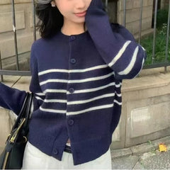 Hnewly Striped Cardigan Sweater Women Long Sleeve O-neck Button-down Striped Knit Jacket Cardi Teen-girl Fall Winter Casual Outfit