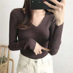 Hnewly Rib-knit Long Sleeve Top for Women Soft Stretchy V-neck Fitted Knit Top Sweater Pullover Ladies Autumn Winter Layering Outfit