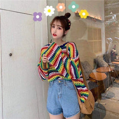 Hnewly Rainbow Ladies Sweater Kawaii Tops with Headings Harajuku Crochet Knitted Sweaters for Women Cute Cashmere Autumn Trend New