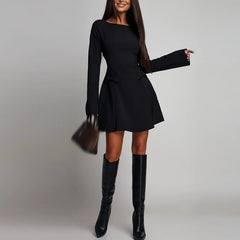 Hnewly Women O-neck High Waisted Casual Autumn Dress, Elegant Slim Fit Long Sleeved Office Short Dresses Sexy Small Black Dress