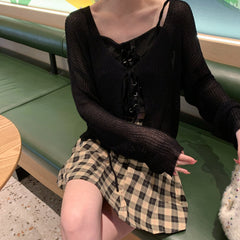 Hnewly Women Tie Up Short Cardigan Knitted Long Sleeve Tie Front Shrug Cardigan Lightweight Cover Up Jacket Teen-girl Y2K Outfit