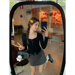 Hnewly Temperament Square Neck Long Sleeved T-Shirt For Women New Style Pleated Slim Fit And Slimming Short Top