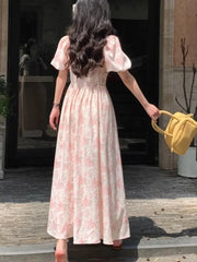 Hnewly Summer Floral Printed Midi Dress Women Off Shoulder Puff Sleeve Fairy A-line Elegant Dresses Casual Korean Fahion Vestidos Mujer