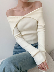 Hnewly Autumn Winter Women Sweaters Casual Long Sleeve Knitted Pullover Sweater Basic Solid Sexy Off Shoulder Crop Top Fashion Clothes