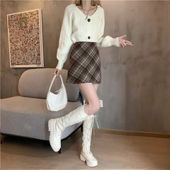 Hnewly Skirts Women Woolen Tender Fashion High Waist Retro Plaid Elegant A-line Casual Ladies Minimalist All-match Autumn Korean Style