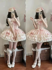 Hnewly Original New Spring Summer Sleeveless Pink Suspenders Dress Cute Bow Elegant Lace Splicing Adult Birthday Party Fluffy Dress