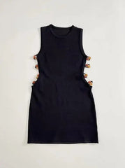 Hnewly Fashion Black O-neck Sleeveless Women Mini Dress Solid Color Waist-cinching Beaded Knitted Dresses Summer Lady Daily Outfit