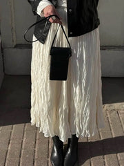 Hnewly Pleated Midi Skirts for Women Summer Clothes Elastic High Wasit A Line Fashion Skirt Female Vintage Elegant Long Skirt