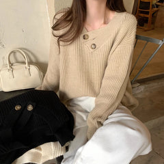 Hnewly V-neck Knit Pullover Women Slouchy Long Sleeve Drop Shoulder Sweater with Buttoned Strap Cozy Knitwear Autumn Winter Chic Outfit