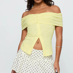 Hnewly Summer Off Shoulder Tops y2k Women Clothes Solid Color Short Sleeve Button Up Slit T Shirts 2000s Clothing Streetwear