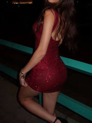 Hnewly Square Collar Christmas Dress Women Sexy Shiny Thread Sleeveless Patchwork Wild Hottie Party Club Peach Hip Bodycon