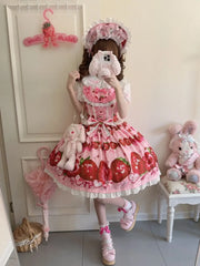 Hnewly Original Design Sweet Lolita JSK Dress Women Summer Cute Bow Strawberry Print Princess Strap Dresses