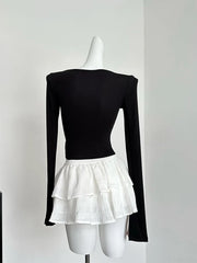 Hnewly Sweet Romantic 2000s Aesthetics Fashion Gyaru Outfits 2 Piece Set Plaid Square Collar Crop Tops Lace Up + White A-Line Skirts