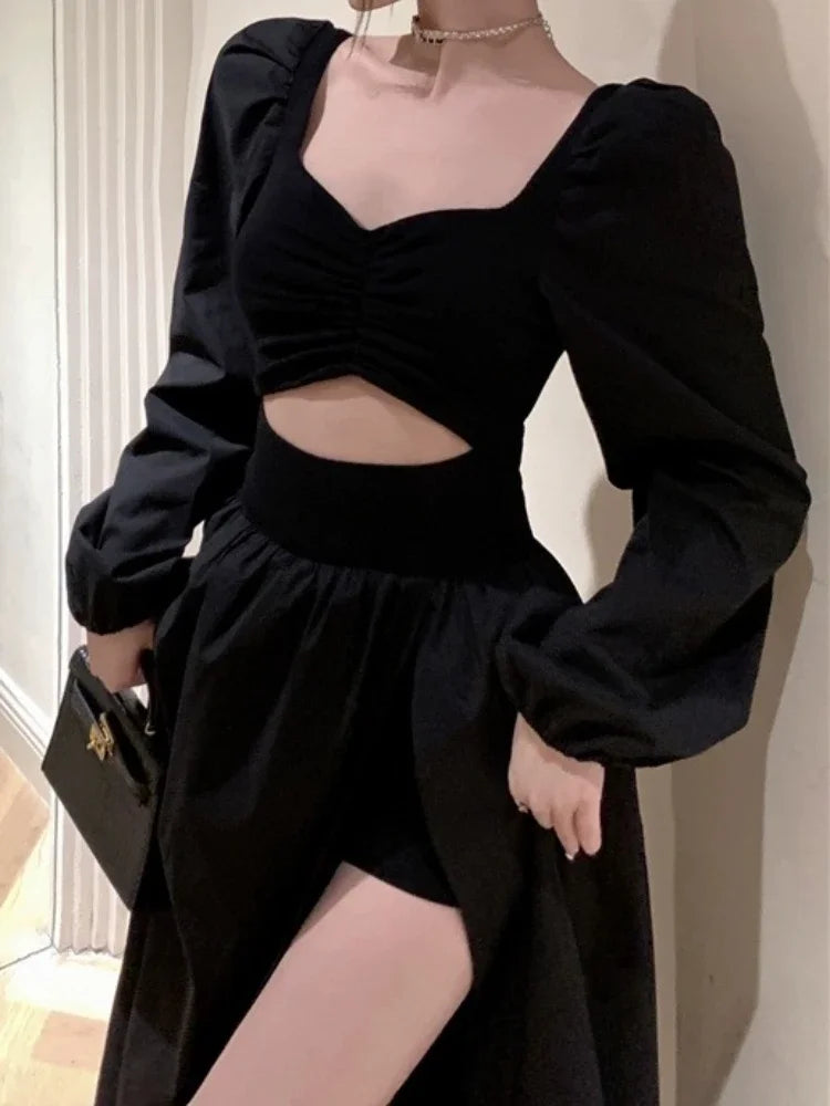 Dress Women Gentle Vintage Pure Chic Long-sleeve Folds Square Collar A-line Autumn Dating Vestidos Defined Aesthetic OOTD