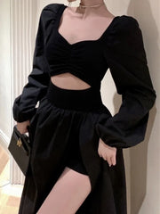 Dress Women Gentle Vintage Pure Chic Long-sleeve Folds Square Collar A-line Autumn Dating Vestidos Defined Aesthetic OOTD