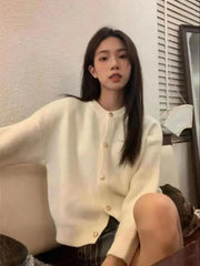 Hnewly Autumn Winter Sweet Sweater Simple O-Neck Solid Short Office Lady Cardigan Coat Metal Single Breasted Long Sleeved Outwear