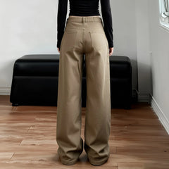 Hnewly Khaki Jeans Women Basic Straight-Leg Denim Long Pants Y2K Streetwear 90s Loose Trousers Spring All match Outfit Casual