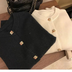 Hnewly Solid O-Neck Sweater French Elegant Single Breasted Women's Spring Autumn Winter New Fashion All-match Long Sleeve Top Coat