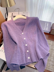 Hnewly Solid V-neck Cardigan Sweater Women Autumn/Winter French Style Puff sleeve Coat Hold The Waist Fishtail knitted Short Top