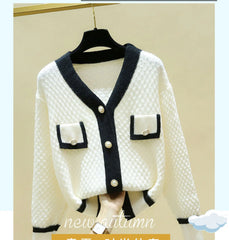 Hnewly Korean Knit Sweater Temperament V-neck Single Breasted Jacket Women's Spring Autumn New Loose Long-Sleeved Cardigans Coat