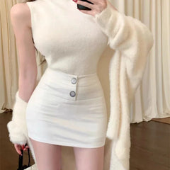 Hnewly Korean Button Decor Wrap Hip Skirts for Women Sexy Slimming Pencil Mini Skirts Female New Style High Waist Short Skirt Mujer