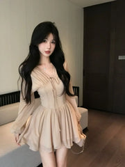 Hnewly Woman Dress Elegant Long Sleeve V Neck Bandage Slim Spring Summer Fashion Sweet Mini Dresses Female Casual Chic