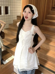 Hnewly White Dress Women Sleeveless Summer Holiday Mini Sweet Lace Flattering Waist A-line Vestidos Elegant Simple Korean Style Folds