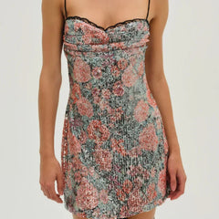Lunivop Fashion Sequin Rose Floral Print Sling Mini Sexy Dresses Women Summer Night Out Party Robe Backless Dress