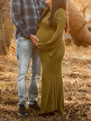Hnewly Maternity Photography Dress Textured Flared Sleeve Maxi Gown for Outdoor Pregnancy Photo Shoot Elegant Maternity Photo Outfit
