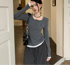 HnewlyT-shirts Women Fake 2 Pcs Spring Autumn Slim Tops Long Sleeve Korean Retro Female Stylish All-match Young Style Basic Clothes