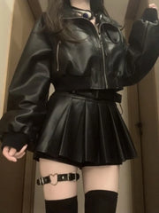 Hnewly Y2K Black Dress Set Women Casual High Street PU Coat + Elegant Party Y2k Mini Dress Korean Fashion Leather Suit Spring Chic