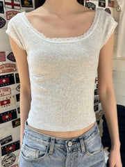 Hnewly Lace Trim Slim Short Sleeve T Shirt Women Summer Scoop Neck Gray Cotton Basic Casual T-shirts Sweet Preppy Style Cute Crop Top